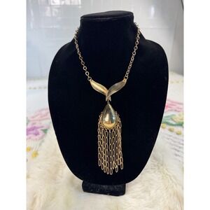 Vintage Gold Tone Teardrop Tassel Statement Necklace Mid Century Modern Style